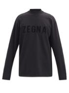 Matchesfashion.com Fearofgodzegna - Flocked-logo Cotton-jersey Long-sleeved T-shirt - Mens - Black