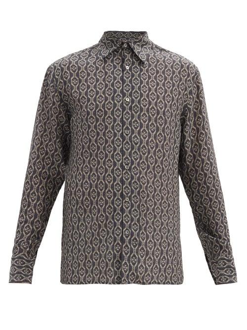 Matchesfashion.com 73 London - Woodblock-print Silk-georgette Shirt - Mens - Black Multi