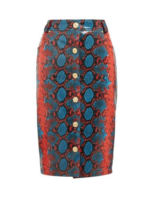 Matchesfashion.com Versace - Python Effect Leather Pencil Skirt - Womens - Blue Multi