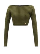 Balmain - Boat-neck Cropped Wool-blend Sweater - Womens - Khaki