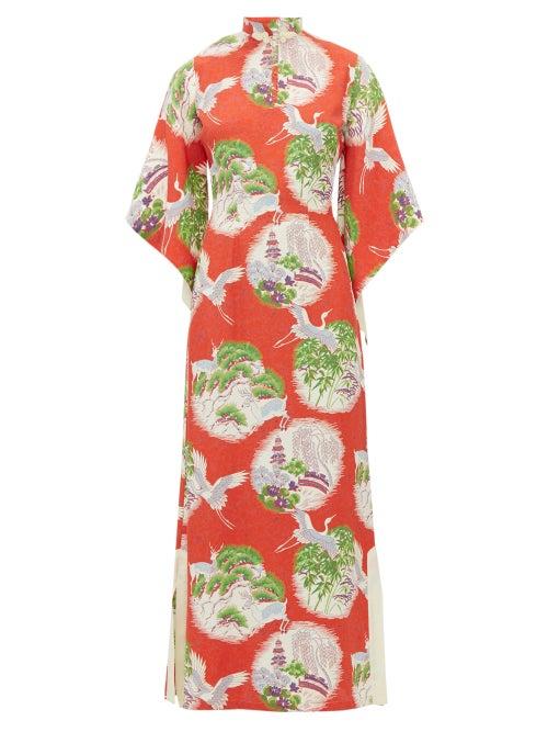 Matchesfashion.com William Vintage - Crane Print Kimono Style Silk Maxi Dress - Womens - Red