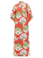 Matchesfashion.com William Vintage - Crane Print Kimono Style Silk Maxi Dress - Womens - Red