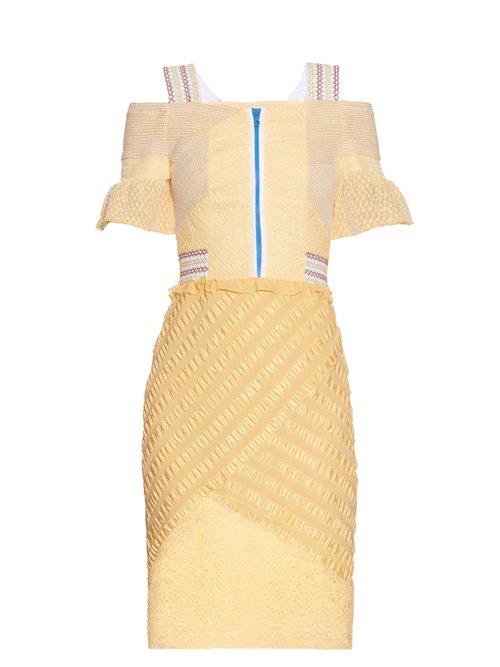 Matchesfashion.com Peter Pilotto - Selene Off The Shoulder Lace Panel Dress - Womens - Light Yellow