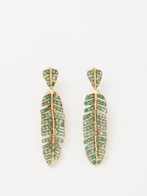 Jade Jagger - Emerald & 18kt Gold Leaf Earrings - Womens - Green Multi