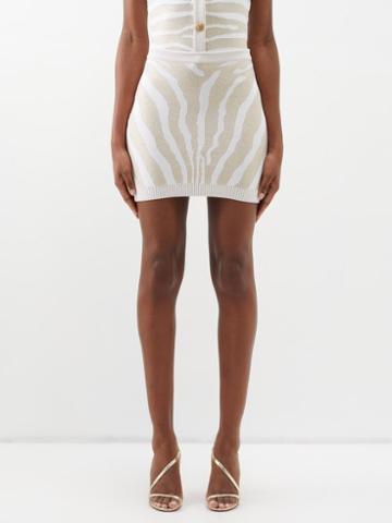 Balmain - Zebra-jacquard Knitted Mini Skirt - Womens - White Gold