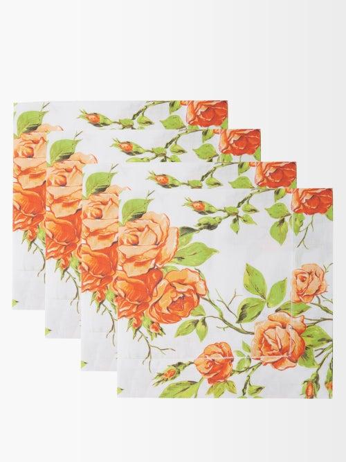 Emilia Wickstead - Set Of Four Rose-print Linen Napkins - Womens - Orange White