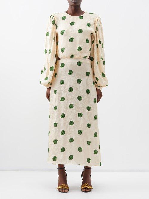 Johanna Ortiz - Linda Seashell-print Floral-jacquard Midi Dress - Womens - Ivory Black