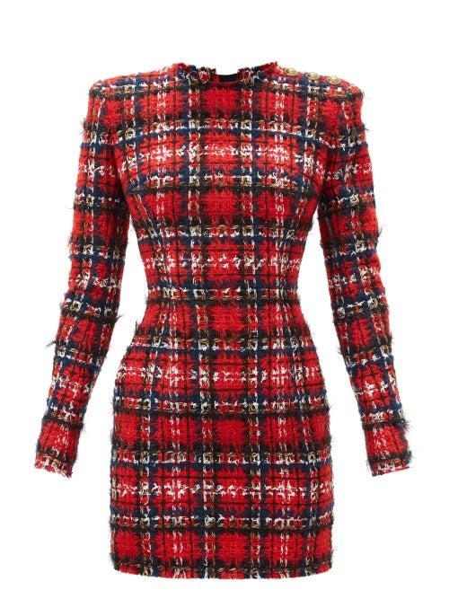 Matchesfashion.com Balmain - Tartan Tweed Mini Dress - Womens - Red Multi