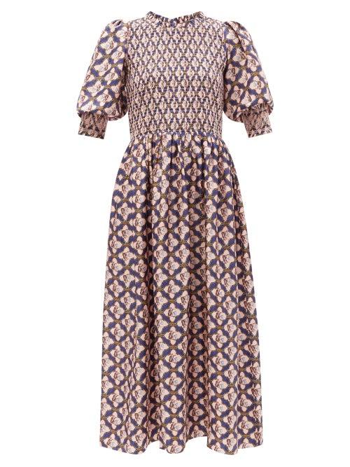 Muzungu Sisters - Julia Floral-print Silk-twill Midi Dress - Womens - Pink Multi