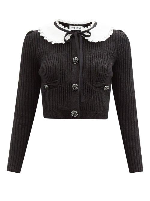 Self-portrait - Peter Pan-collar Ribbed Cotton-blend Cardigan - Womens - Black