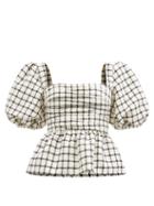 Ladies Rtw Self-portrait - Puff-sleeve Peplum Checked Poplin Top - Womens - Beige Multi