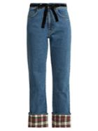 Isa Arfen Tartan And Velvet-trimmed Straight-leg Jeans