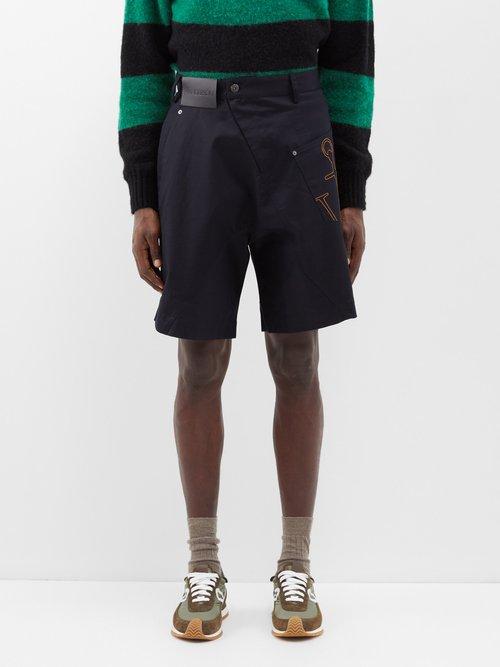 Jw Anderson - Asymmetric Wide Cotton Chino Shorts - Mens - Navy