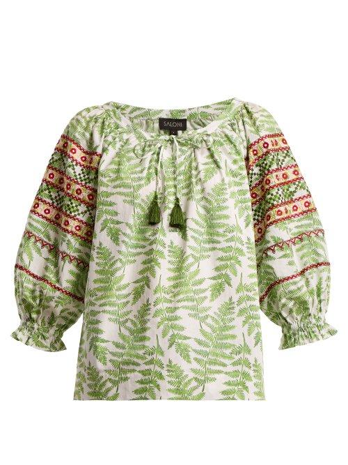 Matchesfashion.com Saloni - Polly Fern Print Cotton Top - Womens - Green White