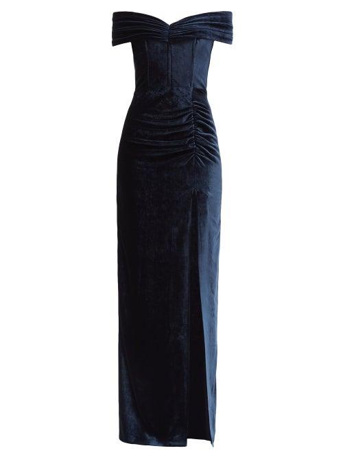 Matchesfashion.com Alessandra Rich - Off-the-shoulder Ruched Velvet Dress - Womens - Navy