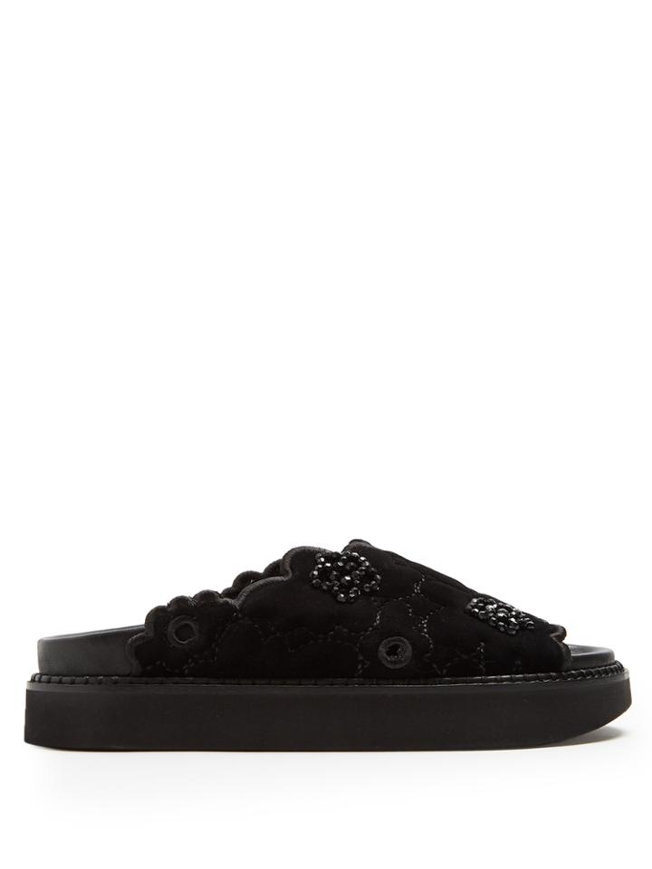 Simone Rocha Embroidered-flower Velvet Slides