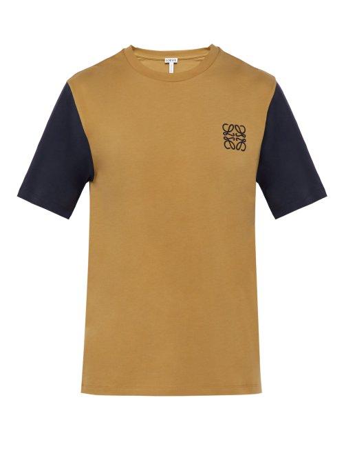 Matchesfashion.com Loewe - Logo Embroidered Contrast Sleeve Cotton T Shirt - Mens - Beige