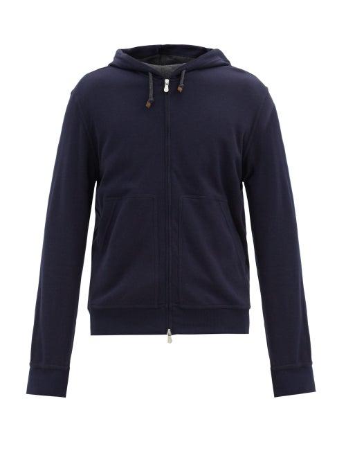 Matchesfashion.com Brunello Cucinelli - Cotton-blend Jersey Hooded Zip-up Sweatshirt - Mens - Navy