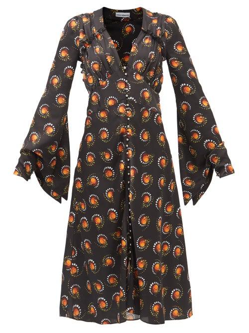 Paco Rabanne - V-neck Print Satin Midi Dress - Womens - Black Multi
