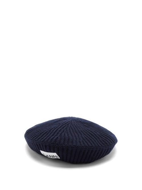 Ganni - Logo-patch Recycled Wool-blend Beret - Womens - Dark Navy