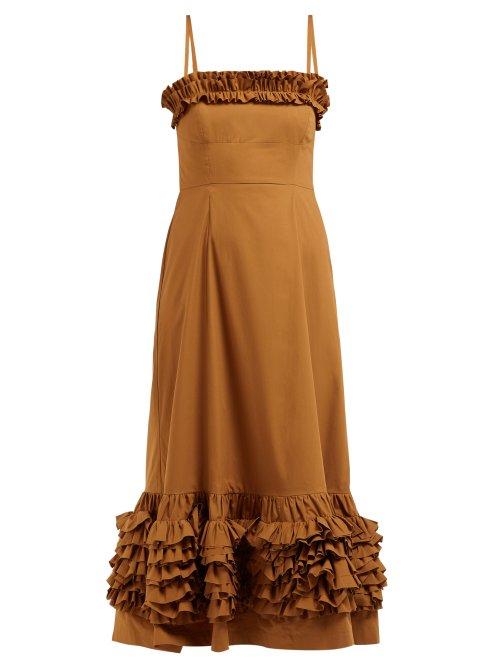 Matchesfashion.com Molly Goddard - Susie Ruffle Trimmed Cotton Poplin Midi Dress - Womens - Brown