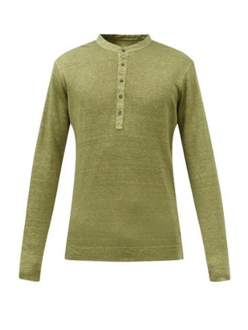 120 Lino 120% Lino - Linen-jersey Henley Top - Mens - Khaki