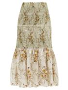 Matchesfashion.com Brock Collection - Rafano Floral-print Smocked Cotton-blend Skirt - Womens - Cream Multi