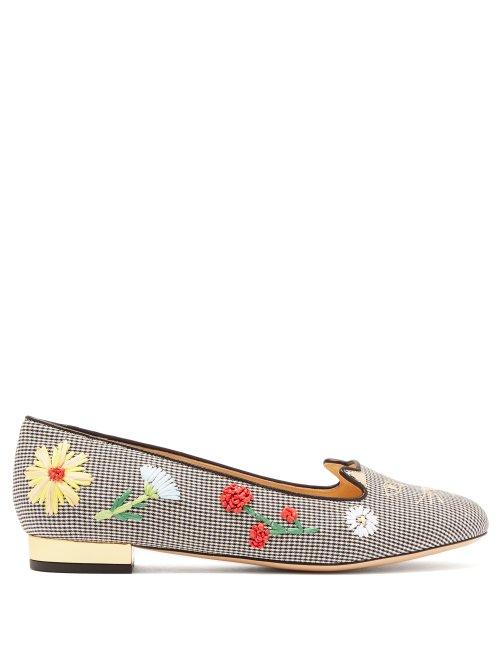 Matchesfashion.com Charlotte Olympia - Kitty Floral Embroidered Gingham Flats - Womens - Black White