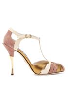 Matchesfashion.com Dolce & Gabbana - Metallic Leather And Suede T Bar Sandals - Womens - Nude Multi