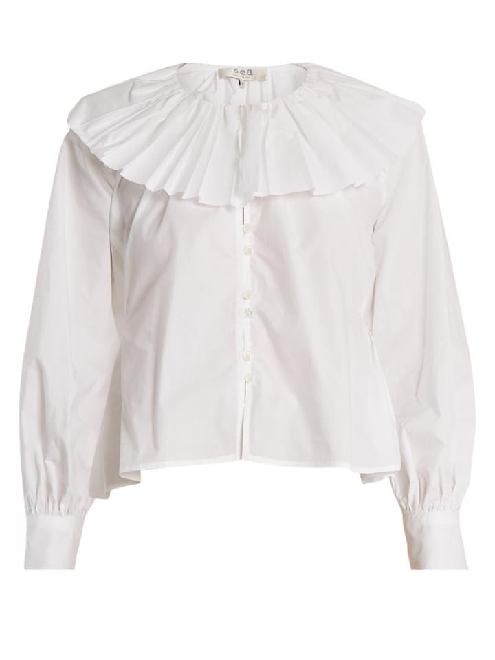 Sea Pleated-collar Cotton Blouse