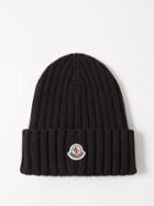 Moncler - Logo-patch Ribbed-wool Beanie Hat - Womens - Black