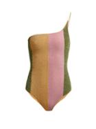 Matchesfashion.com Oseree - Lumire Asymmetric Metallic Swimsuit - Womens - Pink Multi