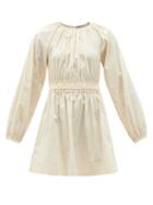 Matchesfashion.com Three Graces London - Rosette Shirred-waist Cotton Mini Dress - Womens - Ivory