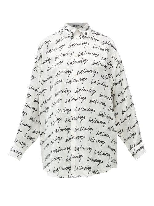 Matchesfashion.com Balenciaga - Signature-print Oversized Silk-faille Shirt - Womens - White Black