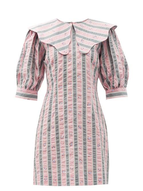 Ladies Rtw Ganni - Exaggerated-collar Striped Organic-cotton Dress - Womens - Light Pink