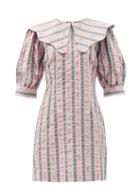 Ladies Rtw Ganni - Exaggerated-collar Striped Organic-cotton Dress - Womens - Light Pink