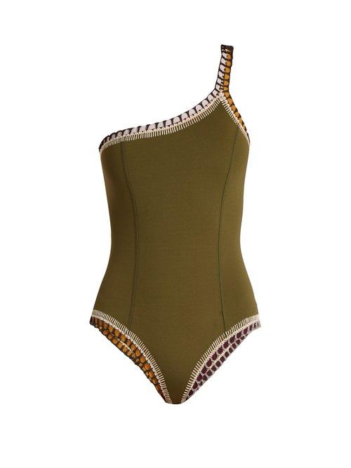 Matchesfashion.com Kiini - Wren One Shoulder Crochet Trimmed Swimsuit - Womens - Khaki