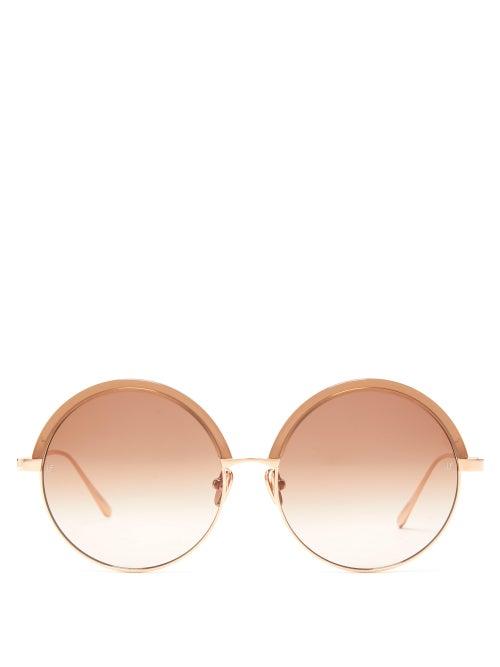 Matchesfashion.com Linda Farrow - Annie Round Rose Gold Plated Titanium Sunglasses - Womens - Brown