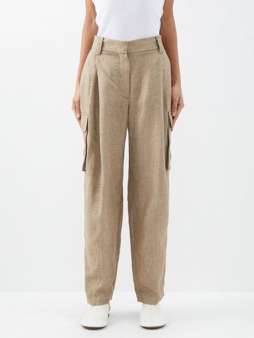 Brunello Cucinelli - Pleated Metallic Linen-blend Twill Cargo Trousers - Womens - Camel