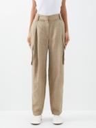 Brunello Cucinelli - Pleated Metallic Linen-blend Twill Cargo Trousers - Womens - Camel
