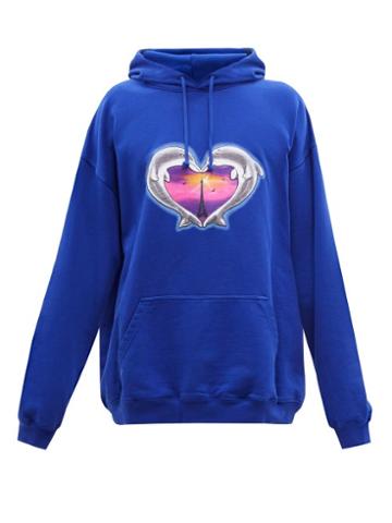 Mens Rtw Vetements - Dolphin Heart-print Cotton-blend Hooded Sweatshirt - Mens - Blue