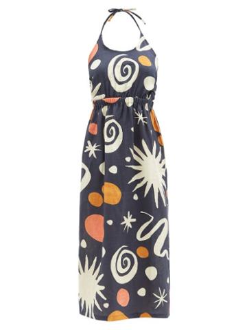 Cala De La Cruz - Robyn Halterneck Printed Linen Midi Dress - Womens - Multi
