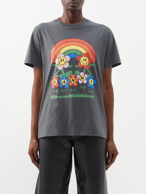 Ganni - Rainbow Logo-print Jersey T-shirt - Womens - Black Multi