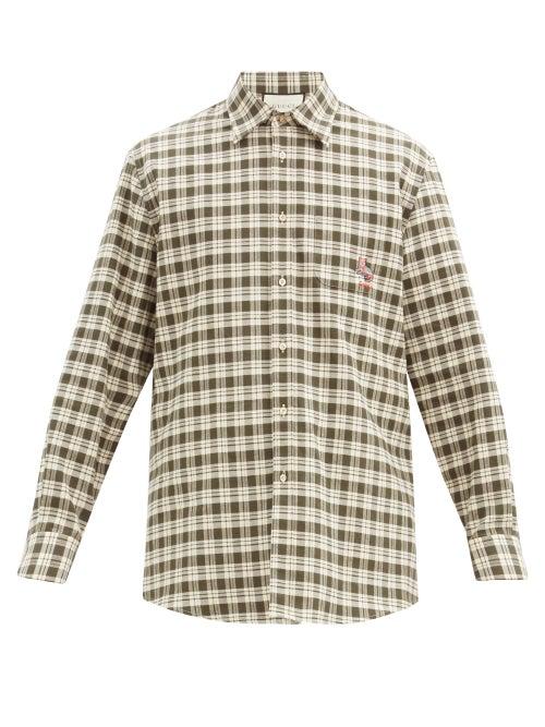 Matchesfashion.com Gucci - Cat-embroidered Check Cotton-poplin Shirt - Mens - Khaki