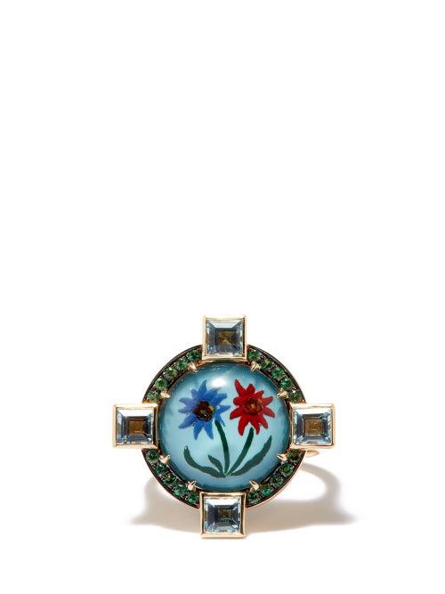 Francesca Villa - Flowers Sapphire, Tourmaline & 18kt Gold Ring - Womens - Blue Multi
