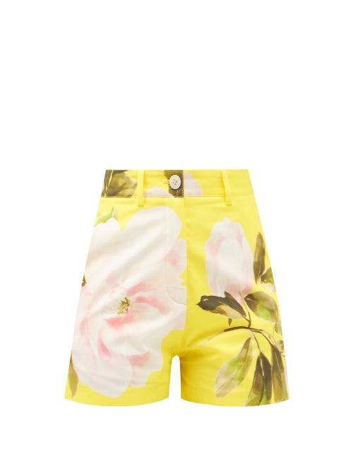 Matchesfashion.com Valentino - Peonia-print Cotton-blend Satin Shorts - Womens - Yellow Multi