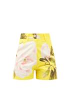 Matchesfashion.com Valentino - Peonia-print Cotton-blend Satin Shorts - Womens - Yellow Multi