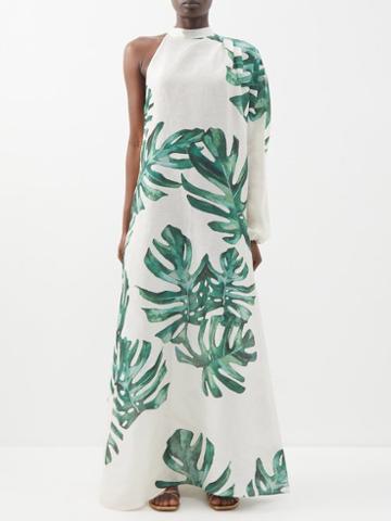 Raquel Diniz - Eden Leaf-print Linen-blend Kaftan Dress - Womens - Green White