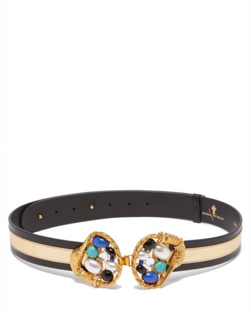 Matchesfashion.com Sonia Petroff - Swan Pearl, Onyx & Crystal-buckle Leather Belt - Womens - Blue Multi