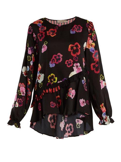 Matchesfashion.com Preen Line - Darcey Ruffle Trimmed Pansy Print Crepe Top - Womens - Black Multi
